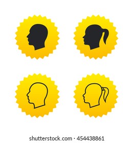 Head icons. Male and female human symbols. Woman with pigtail signs. Yellow stars labels with flat icons. Vector