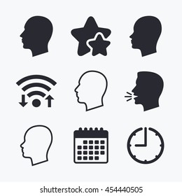 Head Icons. Male And Female Human Sign Symbols. Wifi Internet, Favorite Stars, Calendar And Clock. Talking Head. Vector