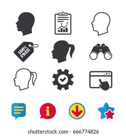 Head icons. Male and female human symbols. Woman with pigtail signs. Browser window, Report and Service signs. Binoculars, Information and Download icons. Stars and Chat. Vector