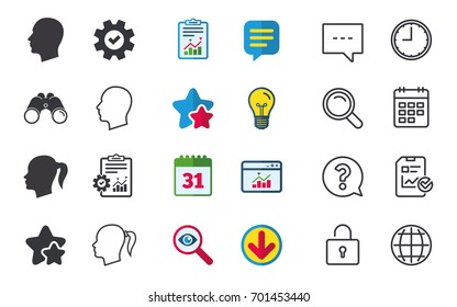 Head icons. Male and female human symbols. Woman with pigtail signs. Chat, Report and Calendar signs. Stars, Statistics and Download icons. Question, Clock and Globe. Vector