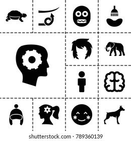Head icons. set of 13 editable filled head icons such as dog, elephant, turtle, shower, woman face with flower in hair, gear in head, brain, blush, user, baby cap