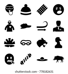 Head icons. set of 16 editable filled head icons such as hog, hair curler, woman hat, winter hat, angry emot, cool emot, chess horse, swimming glasses, baseball cap