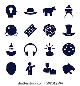 head icons set. Set of 16 head filled icons such as cow, cabbage, panther, baby cap, face, shower, hair curler, woman hat, businessman, shy emoji, dancing emoji, hat
