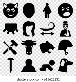Head icons set. set of 16 head filled icons such as udder, cow, panther, face, curly hair, hairstyle, nail, devil emot, angry emot, helmet, man with broken arm, user, woman