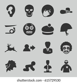 Head Icons Set. Set Of 16 Head Filled Icons Such As Lion, Deer, Baby Crawl, Ear, Straight Hair, Woman Hat, Bust, Facepalm Emot, Shocked Emoji, Helmet
