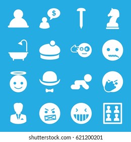 Head icons set. set of 16 head filled icons such as woman hat, nail, shower, laughing emot, emoji angel, angry emot, hat and moustache, photo for passport, businessman
