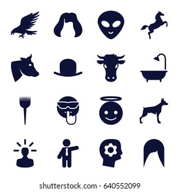 Head icons set. set of 16 head filled icons such as cow, eagle, dog, barber brush, hat, woman hairstyle, hairstyle, businessman, shower, emoji angel, cool emot, horse