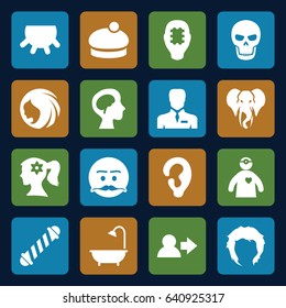 Head icons set. set of 16 head filled icons such as udder, elephant, woman hairstyle, ear, hair curler, woman face with flower in hair, hairstyle, woman hat, shower