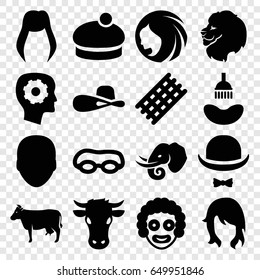 Head icons set. set of 16 head filled icons such as cow, lion, elephant, woman hairstyle, face, shower, hair curler, woman hat, gear in head, hat and moustache, clown