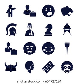 Head icons set. set of 16 head filled icons such as panther, baby cap, barber brush, hair curler, businessman, blush, angry emot, emot with mustache, man with broken arm, face