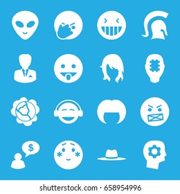 Head icons set. set of 16 head filled icons such as cabbage, woman hairstyle, laughing emot, shy emoji, angry emot, emoji, hat, businessman, knight