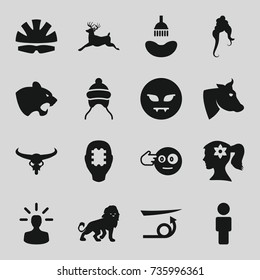 Head icons set. set of 16 head filled icons such as cow, bull skull, lion, panther, deer, baby cap, shower, straight hair, woman hairstyle, woman face with flower in hair