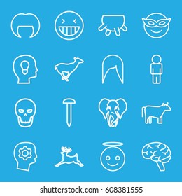 Head Icons Set. Set Of 16 Head Outline Icons Such As Antelope, Deer, Elephant, Cow, Udder, Woman Hairstyle, Nail, Brain, Skull, Laughing Emot, Emoji In Mask, Emoji Angel