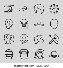 Head icons set. set of 16 head outline icons such as cow, face, hat, straight hair, woman hairstyle, woman face with flower in hair, woman hat, welder mask, keyhole in head