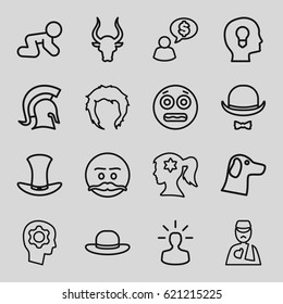 Head icons set. set of 16 head outline icons such as bull, baby crawl, woman face with flower in hair, hairstyle, woman hat, man with broken arm, hat and moustache, hat