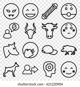 Head icons set. set of 16 head outline icons such as cow, hog, dog, bull, hair curler, gear in head, baseball cap, laughing emot, blush, shy emoji, devil emot, user
