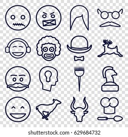 Head icons set. set of 16 head outline icons such as antelope, bull, deer, barber brush, woman hairstyle, mustache and glasses, hat and moustache, chef hat and spoon