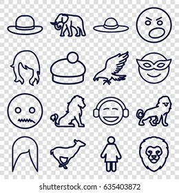 Head icons set. set of 16 head outline icons such as lion, eagle, elephant, antelope, woman hairstyle, woman hat, emoji in mask, angry emot, emoji, emot with zipper mouth