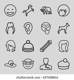 Head icons set. set of 16 head outline icons such as dog, elephant, woman hairstyle, ear, hair curler, hairstyle, woman hat, winter hat, businessman, horse, laughing emot