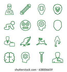 Head icons set. set of 16 head outline icons such as lion, eagle, deer, baby crawl, face, hair curler, woman hairstyle, brain, screw, businessman, man with broken arm