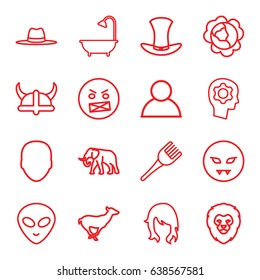 Head icons set. set of 16 head outline icons such as lion, elephant, antelope, cabbage, face, woman hairstyle, coloring brush, shower, hat, helmet, devil emot, angry emot