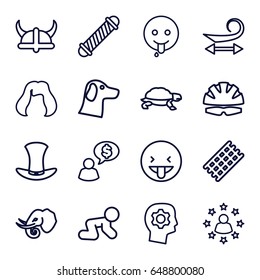 Head icons set. set of 16 head outline icons such as elephant, turtle, baby crawl, hair curler, curly hair, hairstyle, hat, helmet, showing tongue emot, emoji showing tongue