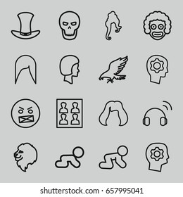 Head icons set. set of 16 head outline icons such as lion, eagle, baby crawl, woman hairstyle, hairstyle, hat, photo for passport, face, gear in head, headset, skull