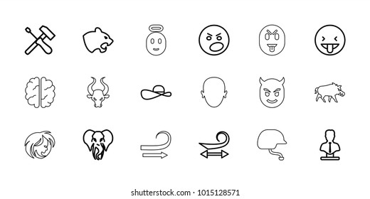 Head icons. set of 18 editable outline head icons: panther, elephant, curly hair, bust, angry emot, showing tongue emot, screwdriver, sun hat, hog, bull, face, woman hairstyle