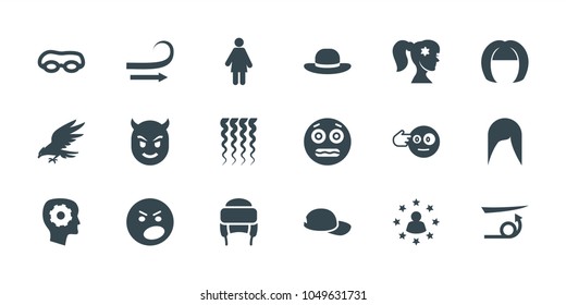 Head icons. set of 18 editable filled head icons: straight hair, woman hairstyle, woman hat, winter hat, angry emot, shocked emoji, swimming glasses, user surrounded by stars