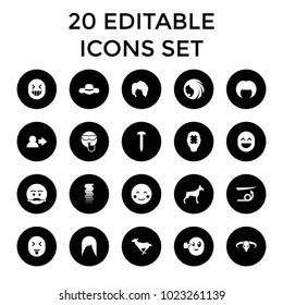 Head icons. set of 20 editable filled head icons such as dog, woman hairstyle, straight hair, curly hair, nail, user, blush. best quality head elements in trendy style.