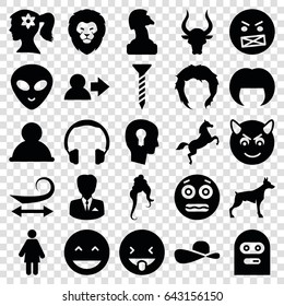 Head icons set. set of 25 head filled icons such as lion, dog, bull, curly hair, woman hairstyle, woman face with flower in hair, hairstyle, screw, laughing emot, devil emot