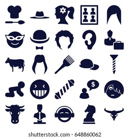 Head icons set. set of 25 head filled icons such as cow, bull skull, baby crawl, woman hairstyle, ear, hair curler, woman face with flower in hair, hairstyle, coloring brush