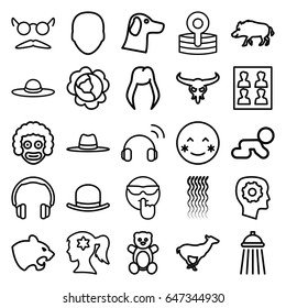 Head icons set. set of 25 head outline icons such as hog, bull skull, panther, antelope, cabbage, teddy bear, woman hairstyle, face, hat, curly hair