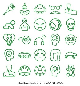 Head icons set. set of 25 head outline icons such as turtle, elephant, teddy bear, woman hairstyle, shower, hairstyle, coloring brush, gear in head, mustache and glasses