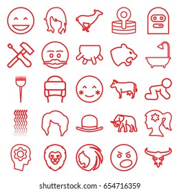 Head icons set. set of 25 head outline icons such as lion, cow, bull skull, panther, elephant, antelope, udder, baby crawl, woman hairstyle, barber brush, hat, curly hair
