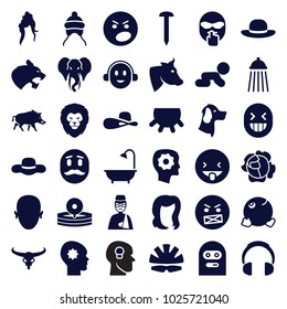 Head icons. set of 36 editable filled head icons such as udder, lion, cow, bull skull, elephant, baby cap, hairstyle, woman hat, gear in head, nail, shower, angry emot