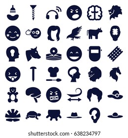 Head icons set. set of 36 head filled icons such as cow, udder, lion, eagle, horse, turtle, teddy bear, ear, shower, hair curler, curly hair, woman hairstyle, hairstyle