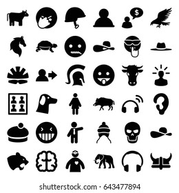 Head icons set. set of 36 head filled icons such as cow, hog, eagle, panther, elephant, horse, turtle, baby cap, ear, woman hat, businessman, brain, laughing emot