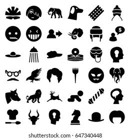 Head icons set. set of 36 head filled icons such as eagle, cow, lion, elephant, bull, deer, baby cap, barber brush, hat, hair curler, woman hairstyle, woman hat