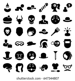 Head icons set. set of 36 head filled icons such as lion, bull, elephant, face, woman hairstyle, shower, hat, hair curler, hairstyle, woman face with flower in hair, woman hat