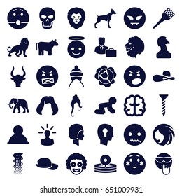 Head icons set. set of 36 head filled icons such as cow, cabbage, lion, dog, elephant, bull, baby cap, baby crawl, woman hairstyle, curly hair, hairstyle, coloring brush