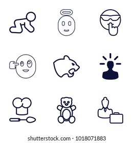 Head icons. set of 9 editable outline head icons such as user bulb, panther, teddy bear, baby crawl, cool emot, woman consultant with case, chef hat and spoon, emoji angel