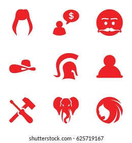 Head icons set. set of 9 head filled icons such as elephant, woman hairstyle, woman hat, emot with mustache, knight, man thinking about money, user