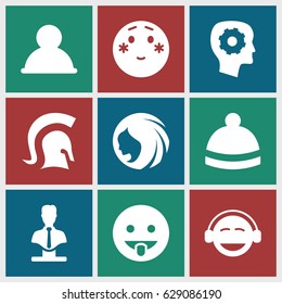 Head icons set. set of 9 head filled icons such as woman hairstyle, winter hat, gear in head, bust, shy emoji, emoji, showing tongue emot, knight