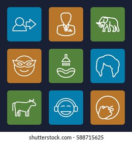head icons set. Set of 9 head outline icons such as elephant, cow, shower, woman hairstyle, businessman, emoji in mask, emoji