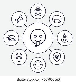 head icons set. Set of 9 head outline icons such as lion, elephant, bull, teddy bear, shower, woman hairstyle, horse, shy emoji