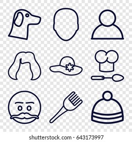 Head icons set. set of 9 head outline icons such as face, woman hat, hairstyle, coloring brush, winter hat, chef hat and spoon, emot with mustache, wolf