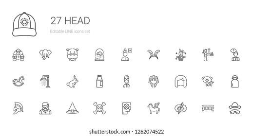head icons set. Collection of head with brainstorming, pegasus, thinking, skull, witch hat, woman, helmet, wig, egyptian, user, milk, rabbit. Editable and scalable head icons.
