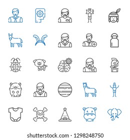 head icons set. Collection of head with elephant, hippopotamus, hat, skull, body, man, horse, venus, woman, hamster, helmet, mind, dog, ladybug. Editable and scalable head icons.