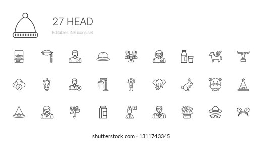 head icons set. Collection of head with hat, man, add user, milk, monkey, woman, witch hat, rabbit, elephant, chef, shower, user, horse, brainstorm. Editable and scalable head icons.